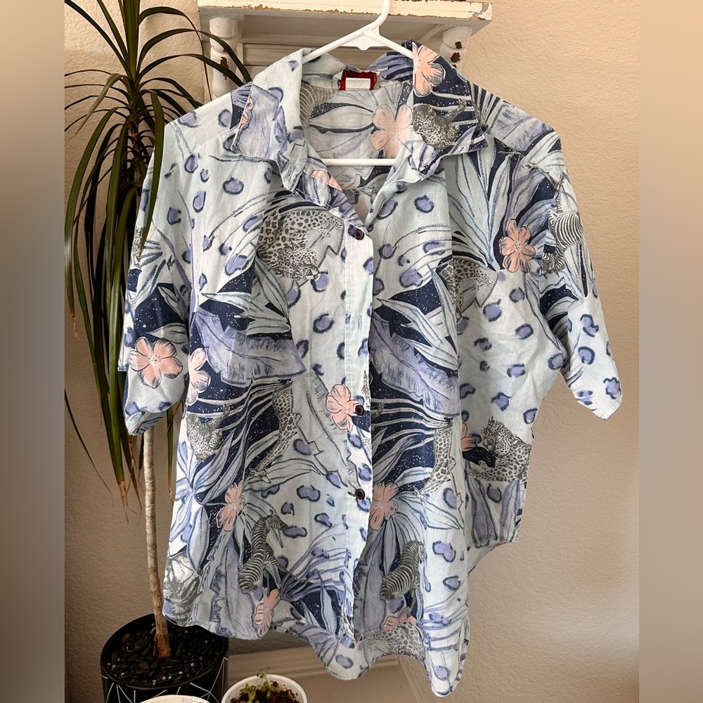 Turn On Tropical Jungle Animal Shirt – Artistic Button-Up, Size L